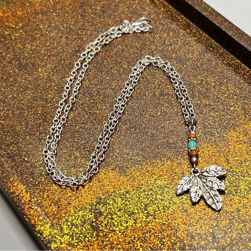 Silver Tone Leaf Pendant Necklace with Turquoise Stone Accents